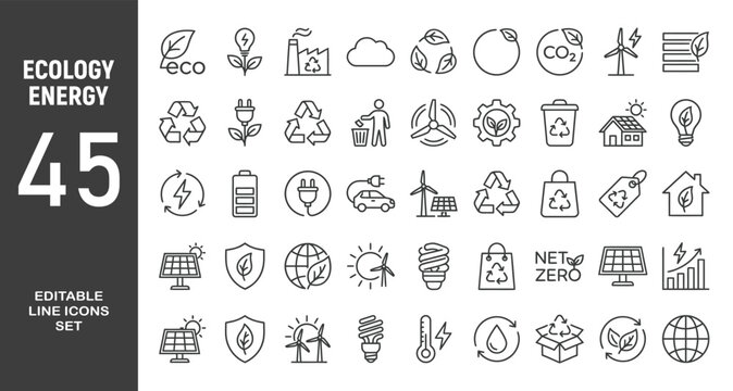 Ecology and Energy web icons in line style. Nature green, electric car, organic, renewable energy, green technology, environmental energy collection. Editable stroke. Vector illustration.