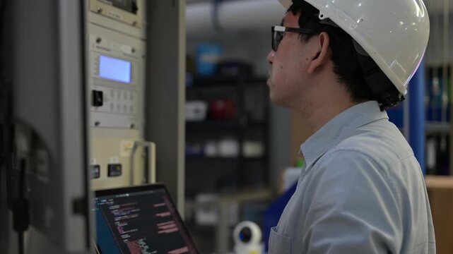 Electrical engineer male checking voltage at the Power Distribution Cabinet in the control room,preventive maintenance Yearly,inspecting power system and control panel in industrial factory