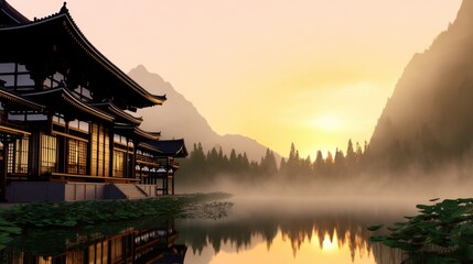 Fototapeta premium A serene landscape featuring a traditional building beside a calm lake, illuminated by sunset