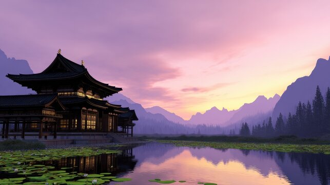 A serene landscape featuring traditional architecture beside a calm lake during sunset