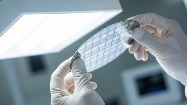 Engineer in a cleanroom inspecting a silicon wafer.