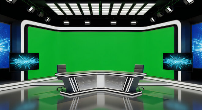 Modern Television Studio with Large Green Screen and News Desk