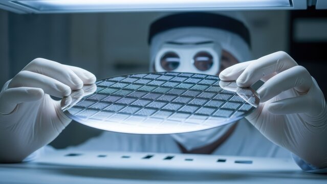 Scientist with head magnifier inspecting a semiconductor wafer.