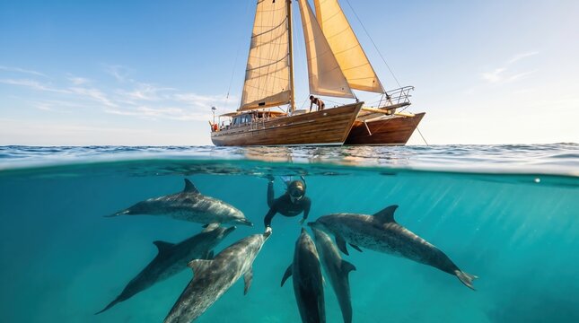 Split View Diver Underwater with Dolphins Near a Luxury Catamaran for Marine Life Sabbatical