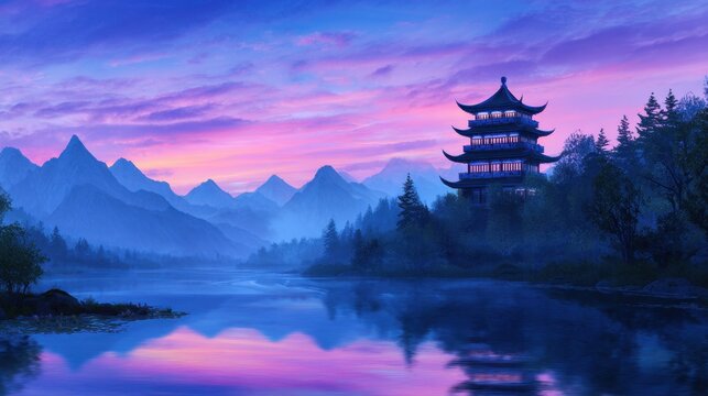 A serene twilight landscape featuring mountains, a still lake, and a traditional pagoda