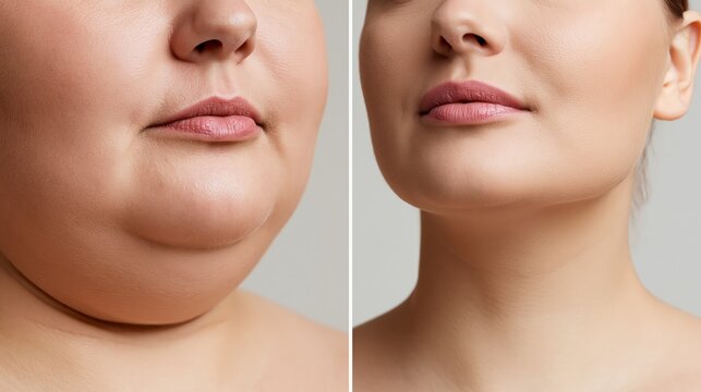 A double chin treatment before and after split showing a rounded undefined jawline on the left and a defined clean neck angle on the right.