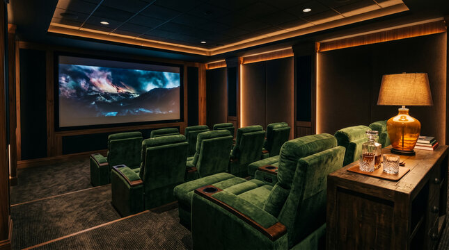 Home theater, movie screen, green reclining seats, dark room, nobody