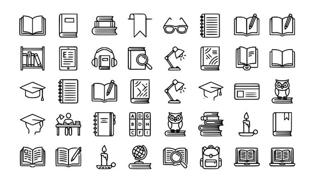 Book outline icon vector set with reading education library and publishing symbols