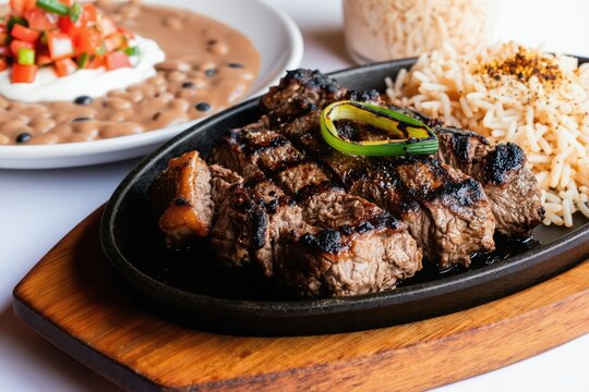 Sizzling carne asada steak on a hot skillet plate with grilled onion. Served with mexican rice and refried beans. Delicious hearty meal at a restaurant.