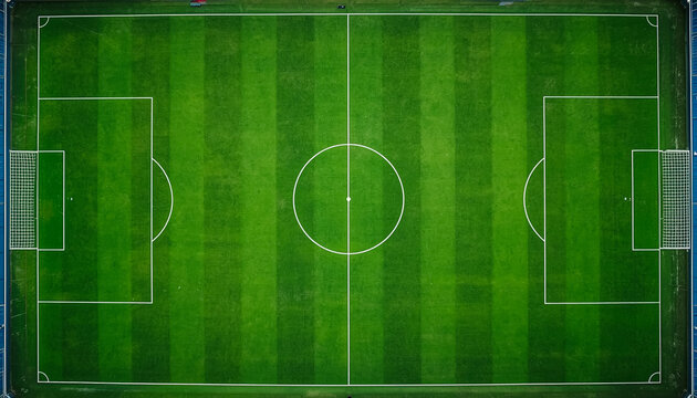 Soccer field aerial view, green grass pitch with white lines, nobody