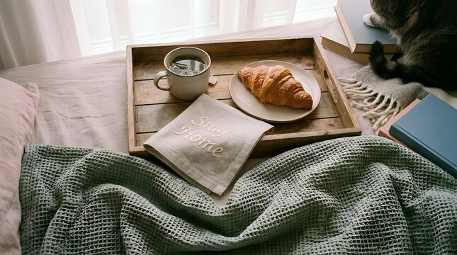 Cozy morning breakfast in bed with croissant, coffee cup, and linen napkin on wooden tray, soft blanket and cat nearby.