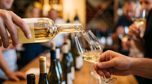 Capturing the elegant moment of white wine being poured by hand from a bottle into a glass at an indoor social gathering or tasting event.