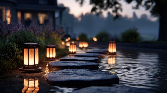 A serene pathway illuminated by glowing lanterns beside a tranquil water feature at dusk