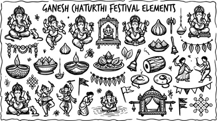 Obraz premium Hand-drawn Black and White Line Art of Ganesh Chaturthi Hindu Festival Elements, Symbols, and Traditions: A Cultural Celebration Doodle