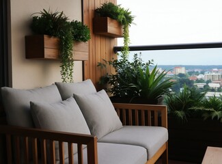Fototapeta premium Balcony with Japandi design sofa cushions. Hanging wood planters with green plants. Urban view from terrace. Wood paneling on wall. Outdoor seating area with city panorama.
