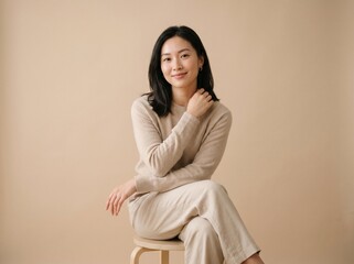 Obraz premium Young Asian woman sitting on a wooden stool looking at the camera with a gentle smile