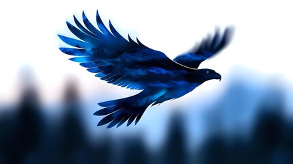 Naklejka premium Blue raven in flight with spread wings against blurred urban cityscape background, symbolizing freedom and power in modern environment.