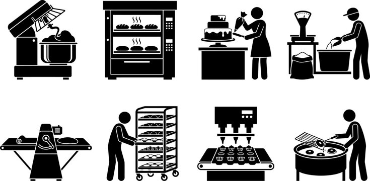 Commercial bakery factory and bread making machine pictogram set