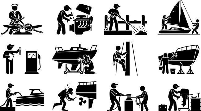 Boat maintenance and shipyard repair worker pictogram set
