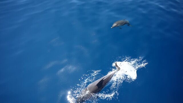 Striped dolphins slow motion surfing under the sea surface