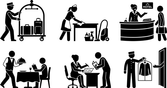 Hotel staff and hospitality service worker pictogram set