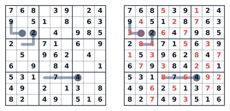Sudoku puzzle with solutions highlighted in red and blue cells  