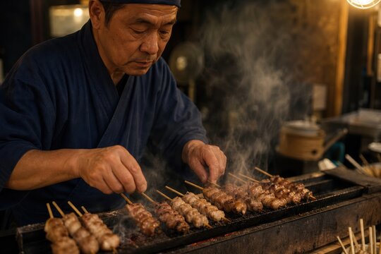 Experienced Japanese chef grilling skewered yakitori meat over charcoal grill at night, traditional street food stall, warm golden lighting, steamy smoke, focused cooking technique