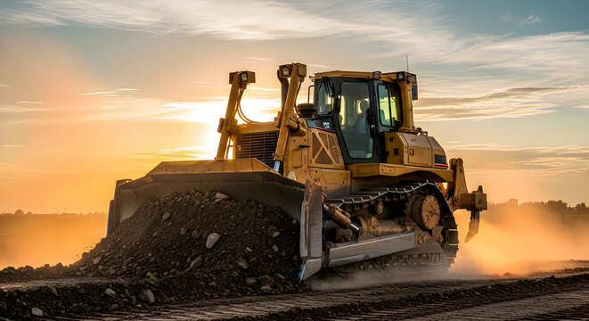 Powerful bulldozer working on construction site at sunset