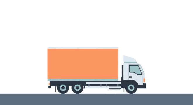 A flat desain illustration of a large truck driving on the road with a big orange container