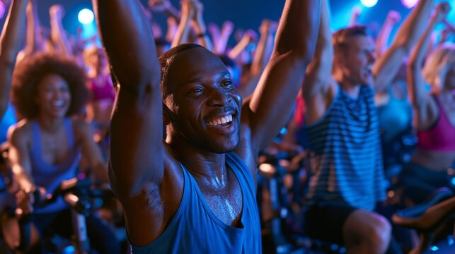 A diverse group of spin class participants raising arms in a celebratory cheer at the end of a cycling class under vivid colored lights.