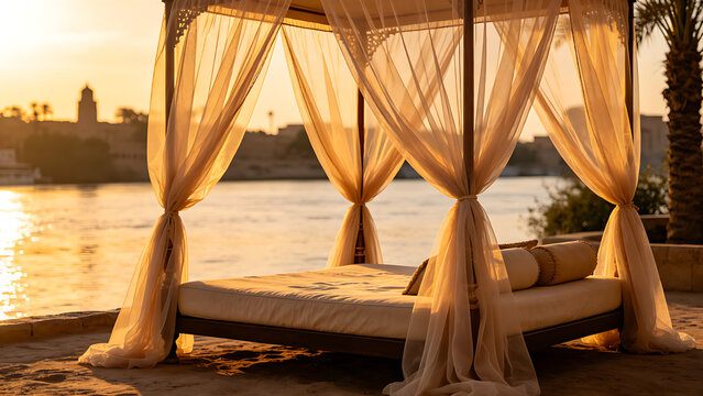 daybed. A lavish daybed with sheer fabric on a riverbank at sunset, warm golden hour light, serene. inspiring travel planning.