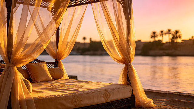 daybed. A lavish daybed with sheer fabric on a riverbank at sunset, warm golden hour light, serene. inspiring travel planning.