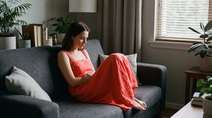 Obraz premium Sad young woman in red dress sitting alone on sofa in dark room, mental health awareness