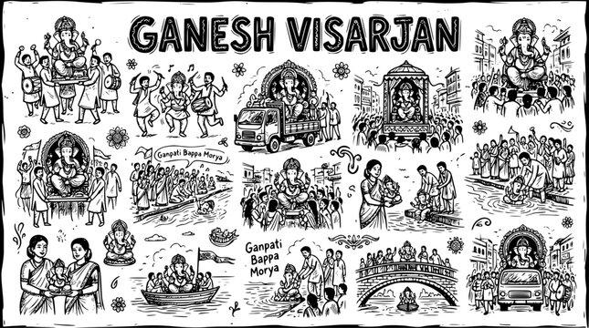 Ganesh Visarjan Festival Black and White Line Art Illustration. Indian Celebration of Lord Ganesha Idol Immersion with Devotees and Procession.