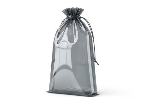 Grey drawstring plastic storage bag standing upright