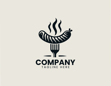 Grilled sausage on fork minimalist black vector illustration