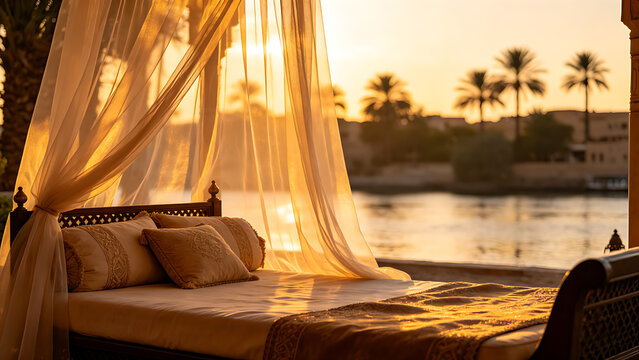 daybed. A lavish daybed with sheer fabric on a riverbank at sunset, warm golden hour light, serene. inspiring travel planning.