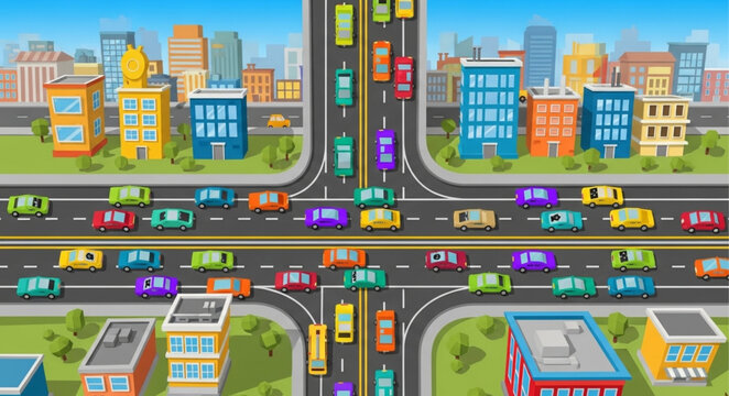 Busy city intersection with many cars driving on roads.