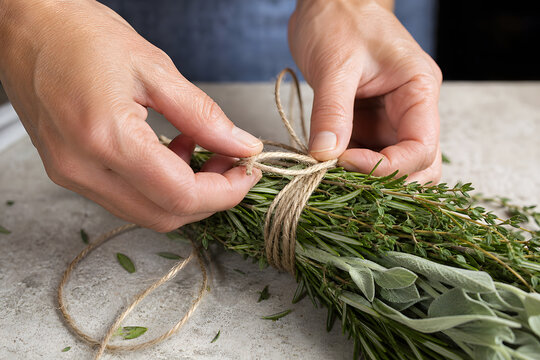 Hands Tying Twine Around Fresh Herb Bundle