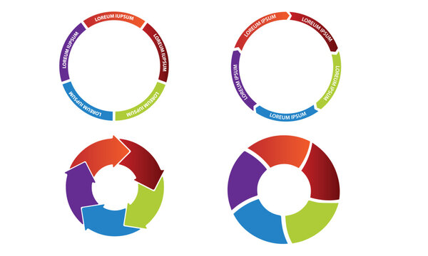 Collection of vector circle chart infographic templates for presentations, advertising, layouts, annual reports. 5 options, steps, parts	