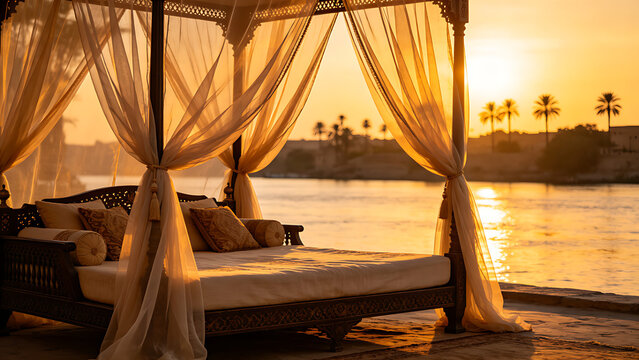 daybed. A lavish daybed with sheer fabric on a riverbank at sunset, warm golden hour light, serene. inspiring travel planning.