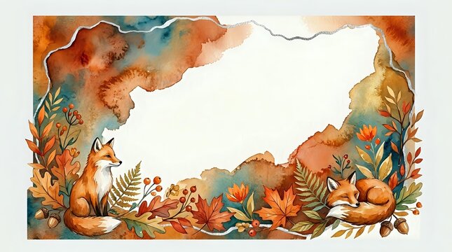 Watercolor autumn forest frame with foxes and foliage on white background, isolated design element for seasonal greeting cards and fall decorations.
