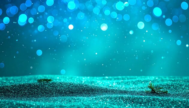 Glowing blue sparkles fall gently on a serene underwater scene with two sea creatures swimming.