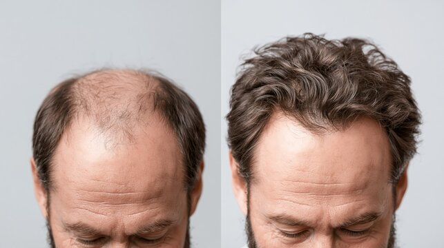 A hair transplant before and after split showing a balding crown on the left and a full restored dense hairline on the right.