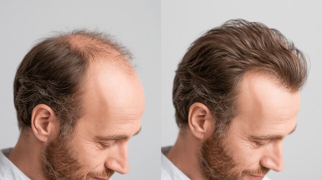 A hair transplant before and after split showing a balding crown on the left and a full restored dense hairline on the right.