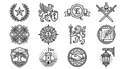 Fototapeta premium Collection of vintage heraldic crests and emblems in black and white illustration style.