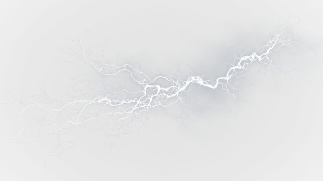 White lightning strikes across a cloudy background with a transparent effect during a thunderstorm in the evening sky, light overlay, PNG