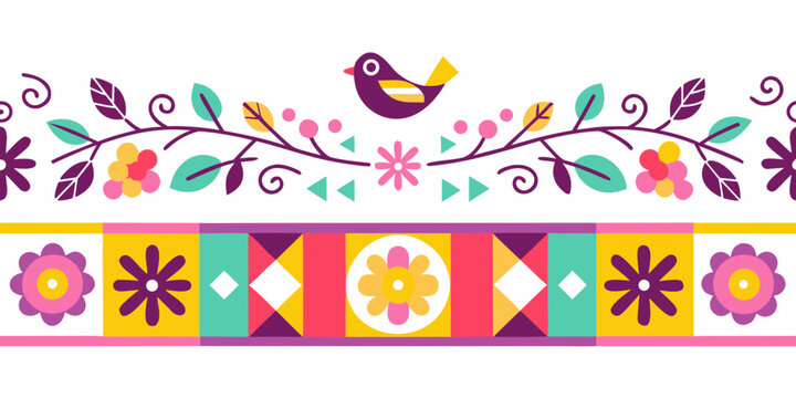 floral border with birds and geometric patterns colorful vector illustration