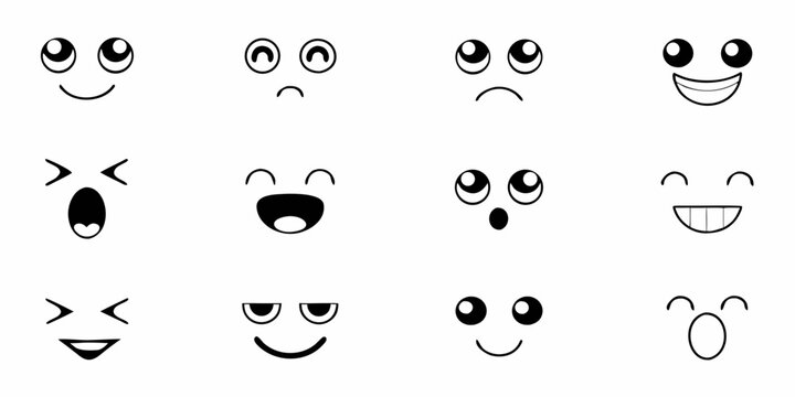 set of ten black and white cartoon face icons with different expressions