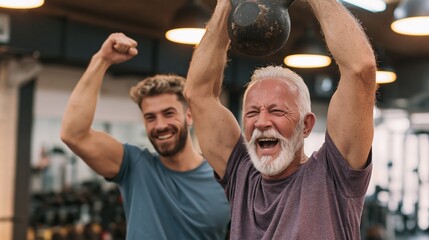 Fototapeta premium A fit older man triumphantly pressing a kettlebell overhead while his young trainer celebrates beside him with a pumped fist in a gym.